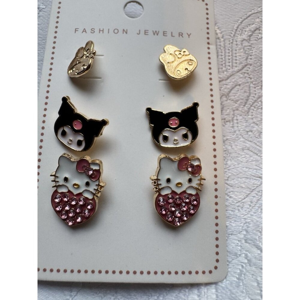 HELLO KITTY Karomi 6 PC Set Gold-Tone Rhinestone Stud Earrings Colorful NEW - Picture 2 of 5